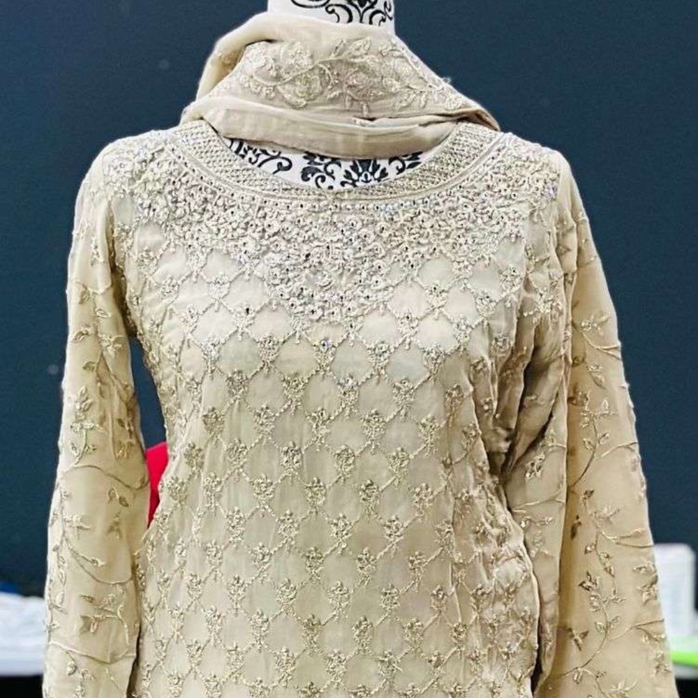 3-Piece Embroidered Crinkle Shirt With Embroidered Dupatta And Sharara Suit Beig